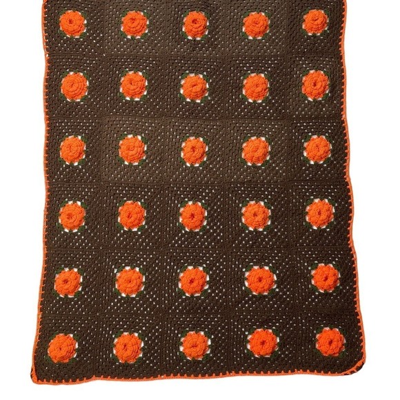 unbranded Other - VTG 3D Raised Roses 60x50 in Crochet Cottage Blanket Granny Square brown orange